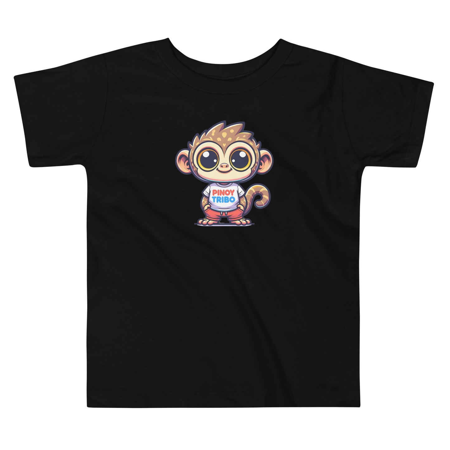 Toddler tee design featuring a cartoon tarsier character wearing a shirt with the words “Pinoy Tribo” in red and blue text, celebrating Filipino identity and youth style.
