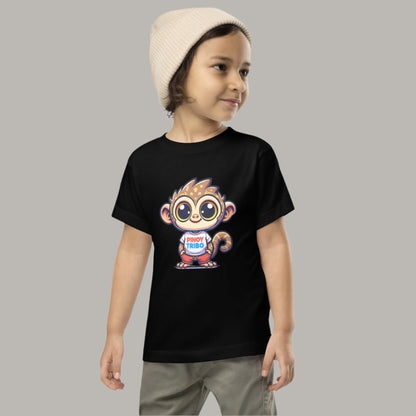 Toddler tee design featuring a cartoon tarsier character wearing a shirt with the words “Pinoy Tribo” in red and blue text, celebrating Filipino identity and youth style.