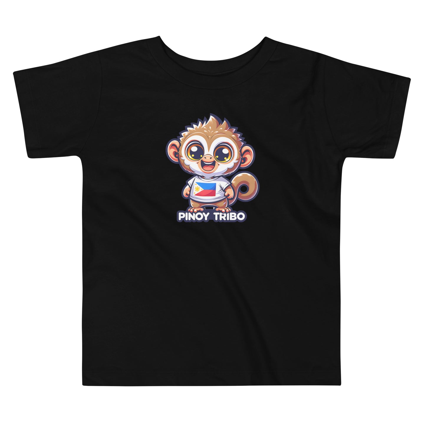 Toddler tee design featuring a cartoon tarsier character wearing a shirt with the Philippine flag and the words “Pinoy Tribo,” symbolizing Filipino pride and culture.