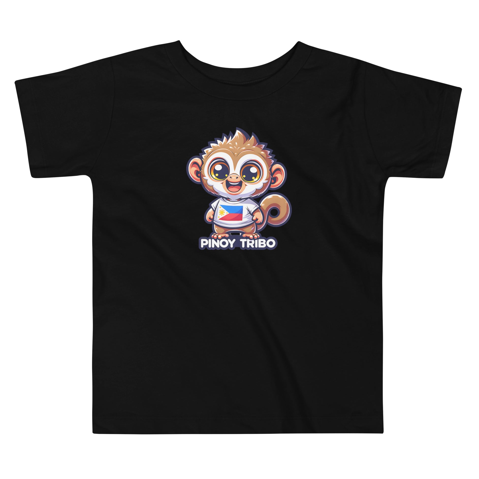 Toddler tee design featuring a cartoon tarsier character wearing a shirt with the Philippine flag and the words “Pinoy Tribo,” symbolizing Filipino pride and culture.