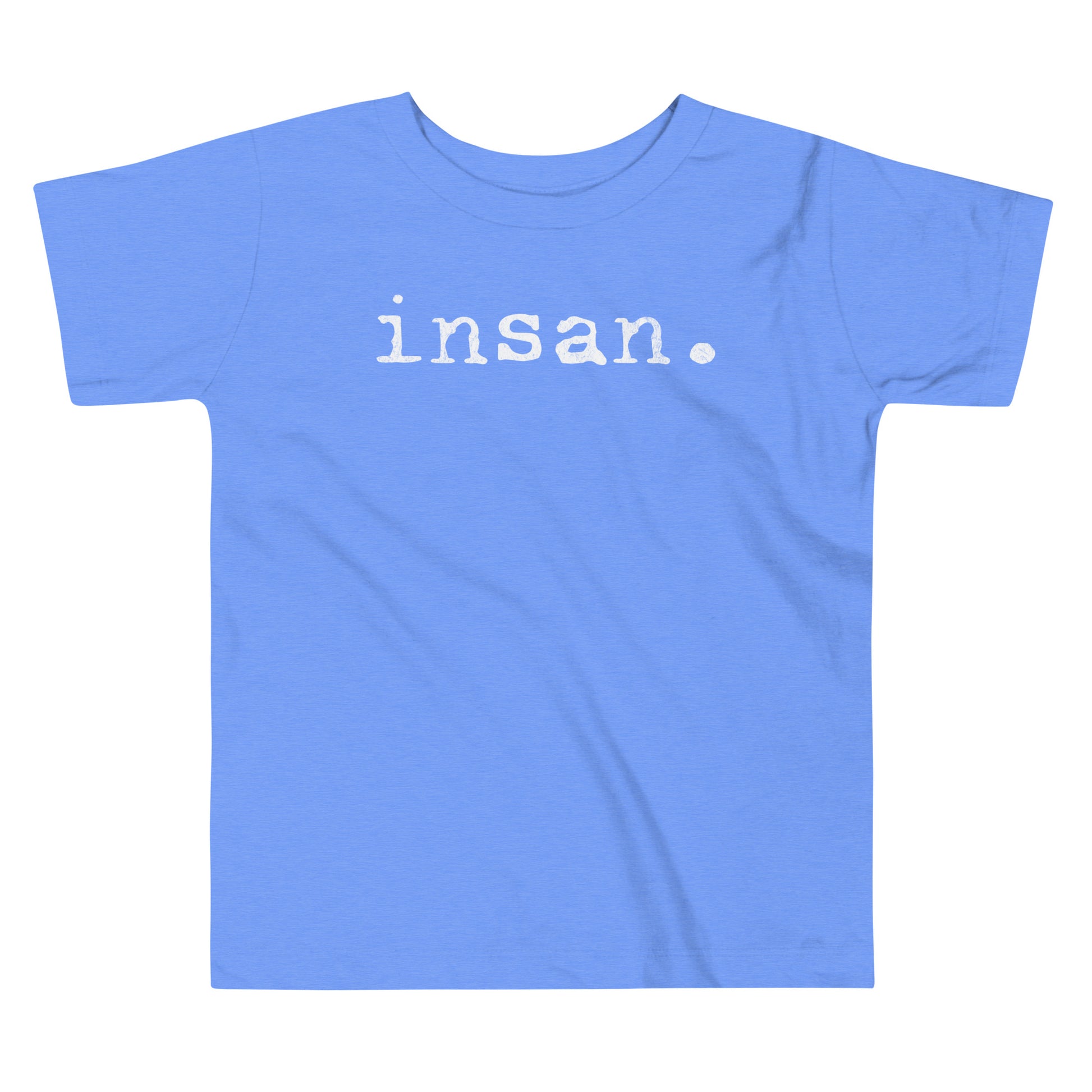 Toddler tee design with bold text reading “insan.” in a grunge typewriter-style font, representing the Filipino word for cousin.