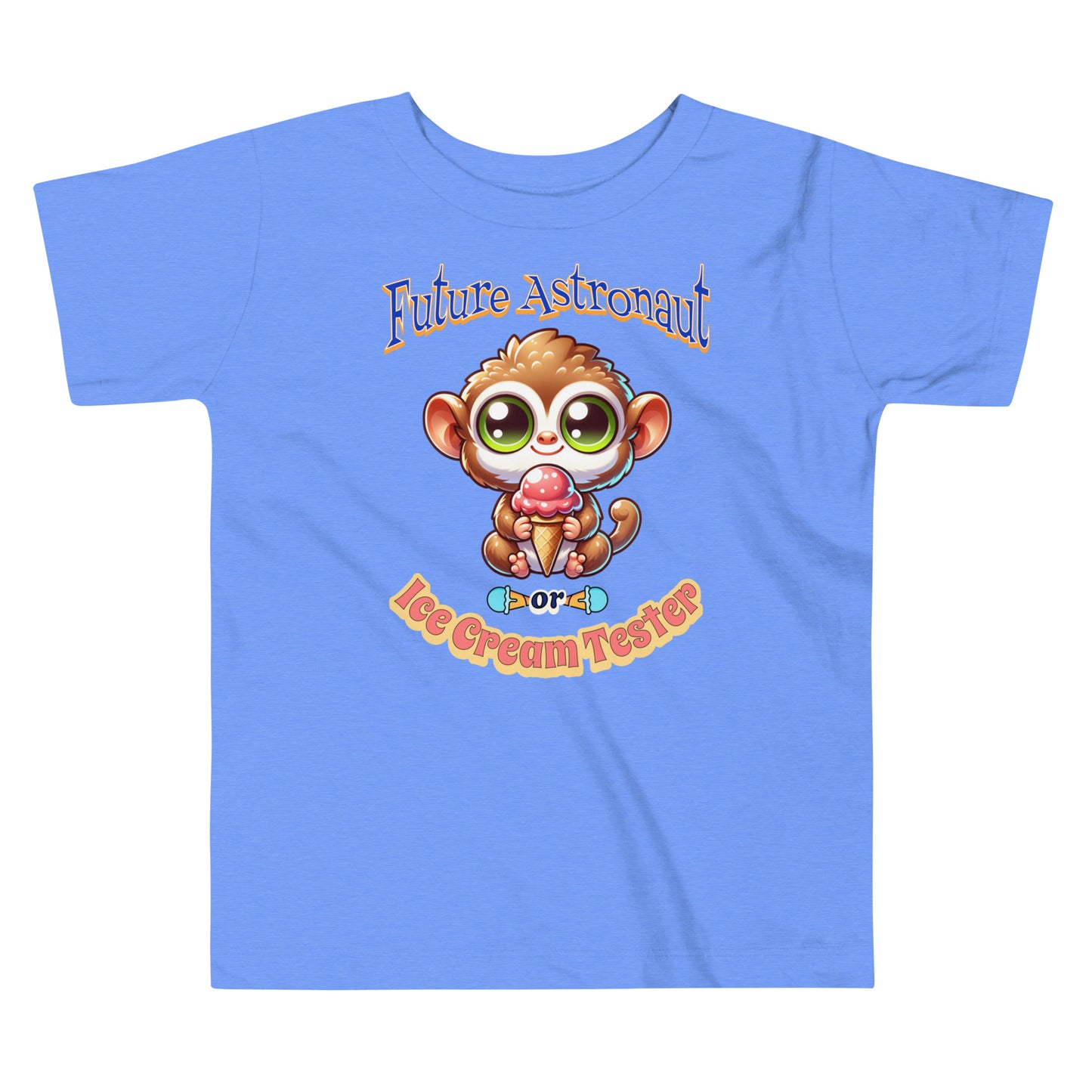 Toddler tee design featuring a cartoon tarsier holding an ice cream cone with playful text that reads “Future Astronaut or Ice Cream Tester,” celebrating Filipino culture and childhood imagination.