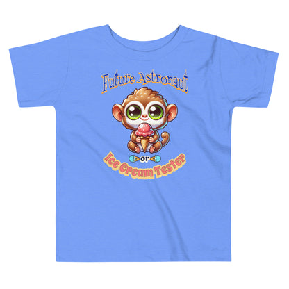 Toddler tee design featuring a cartoon tarsier holding an ice cream cone with playful text that reads “Future Astronaut or Ice Cream Tester,” celebrating Filipino culture and childhood imagination.