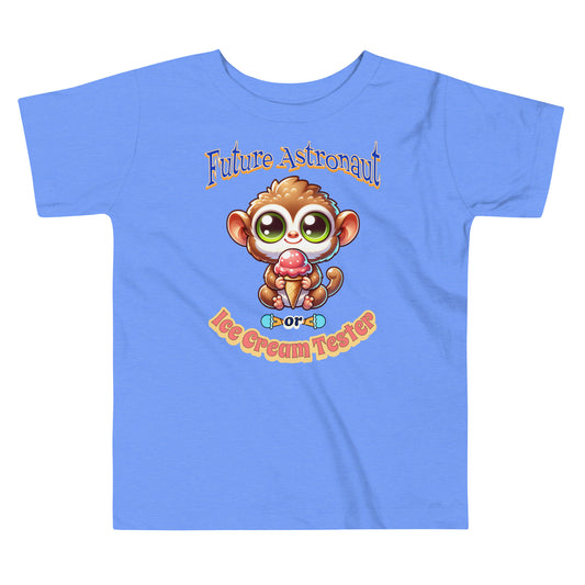 Toddler tee design featuring a cartoon tarsier holding an ice cream cone with playful text that reads “Future Astronaut or Ice Cream Tester,” celebrating Filipino culture and childhood imagination.