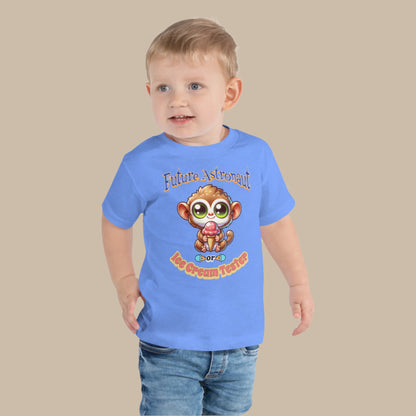 Toddler tee design featuring a cartoon tarsier holding an ice cream cone with playful text that reads “Future Astronaut or Ice Cream Tester,” celebrating Filipino culture and childhood imagination.