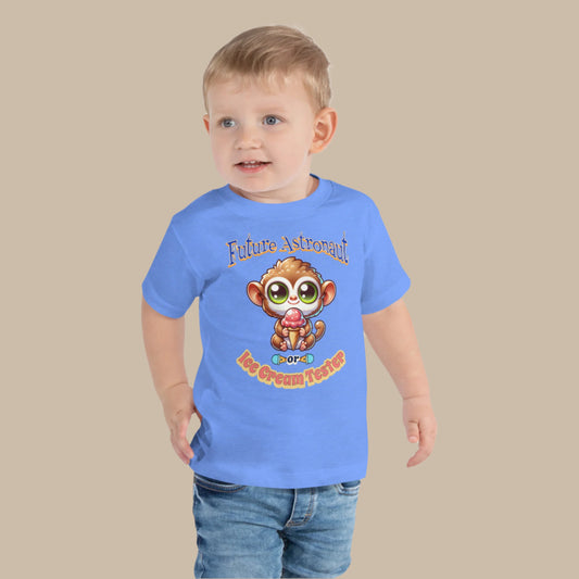 Toddler tee design featuring a cartoon tarsier holding an ice cream cone with playful text that reads “Future Astronaut or Ice Cream Tester,” celebrating Filipino culture and childhood imagination.