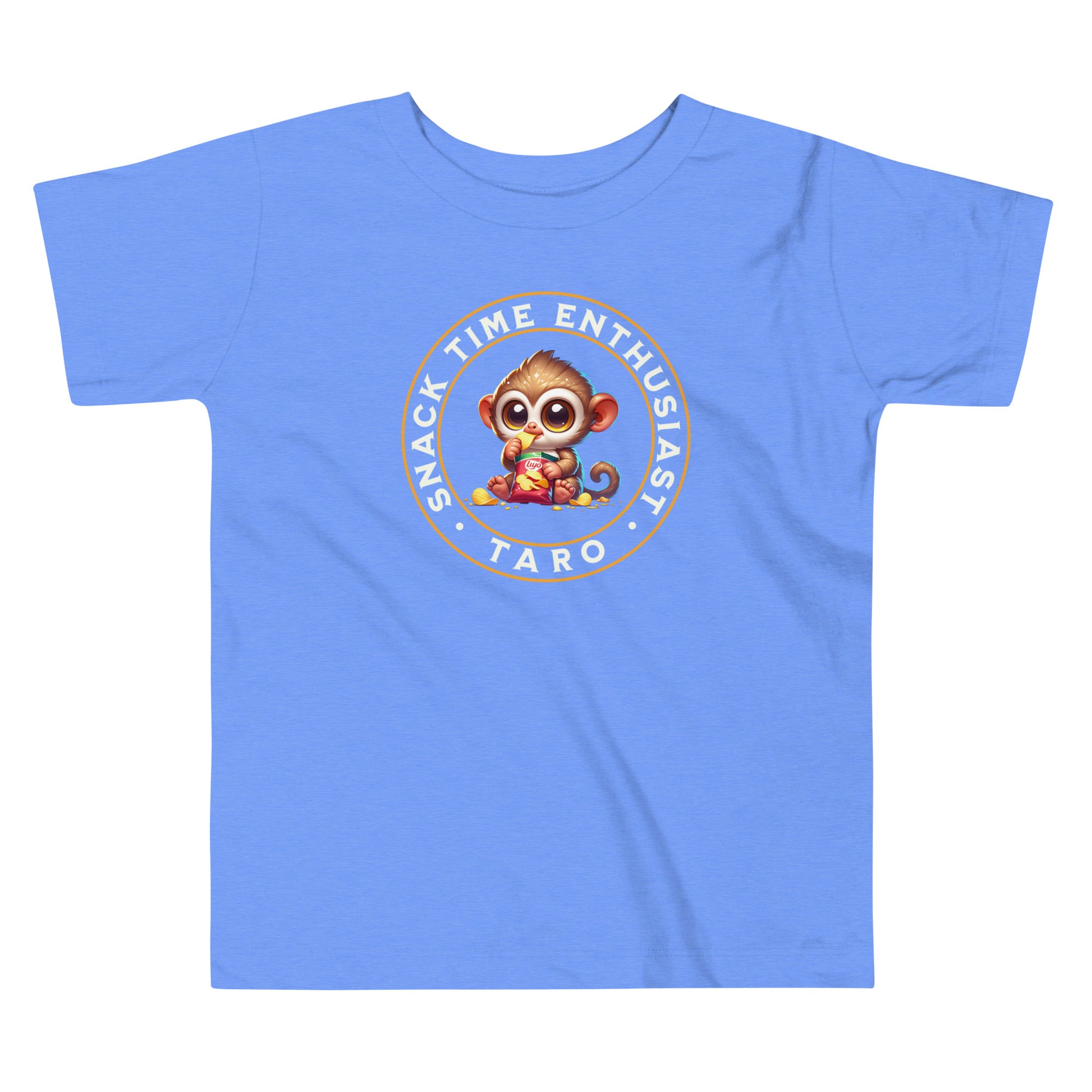Toddler tee design featuring a cartoon tarsier named Taro eating chips from a bag with the words “Snack Time Enthusiast” in a circular badge-style layout.