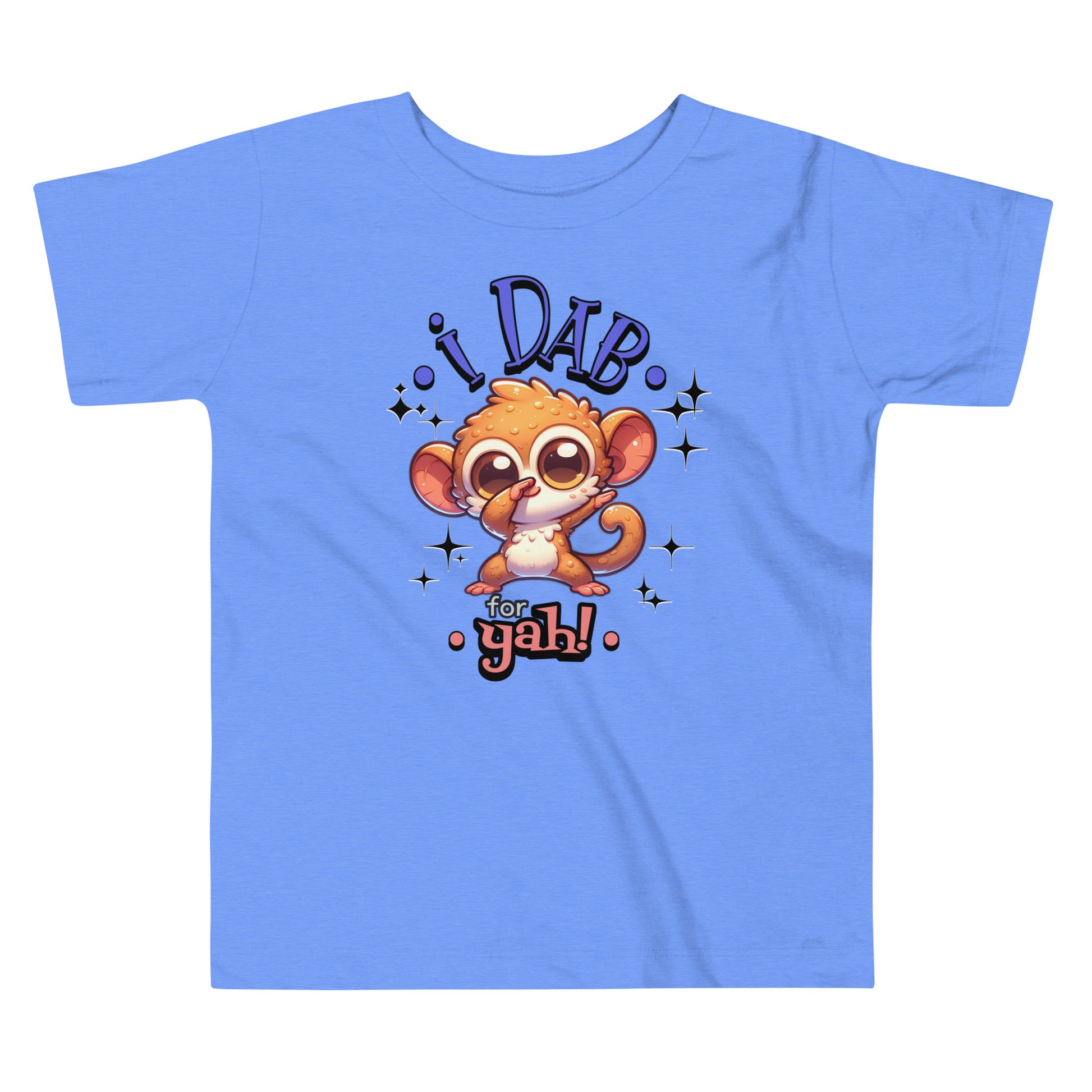 Toddler tee design featuring a cartoon tarsier dabbing with the playful text “I Dab for Yah!” surrounded by sparkles, blending humor and Filipino charm.