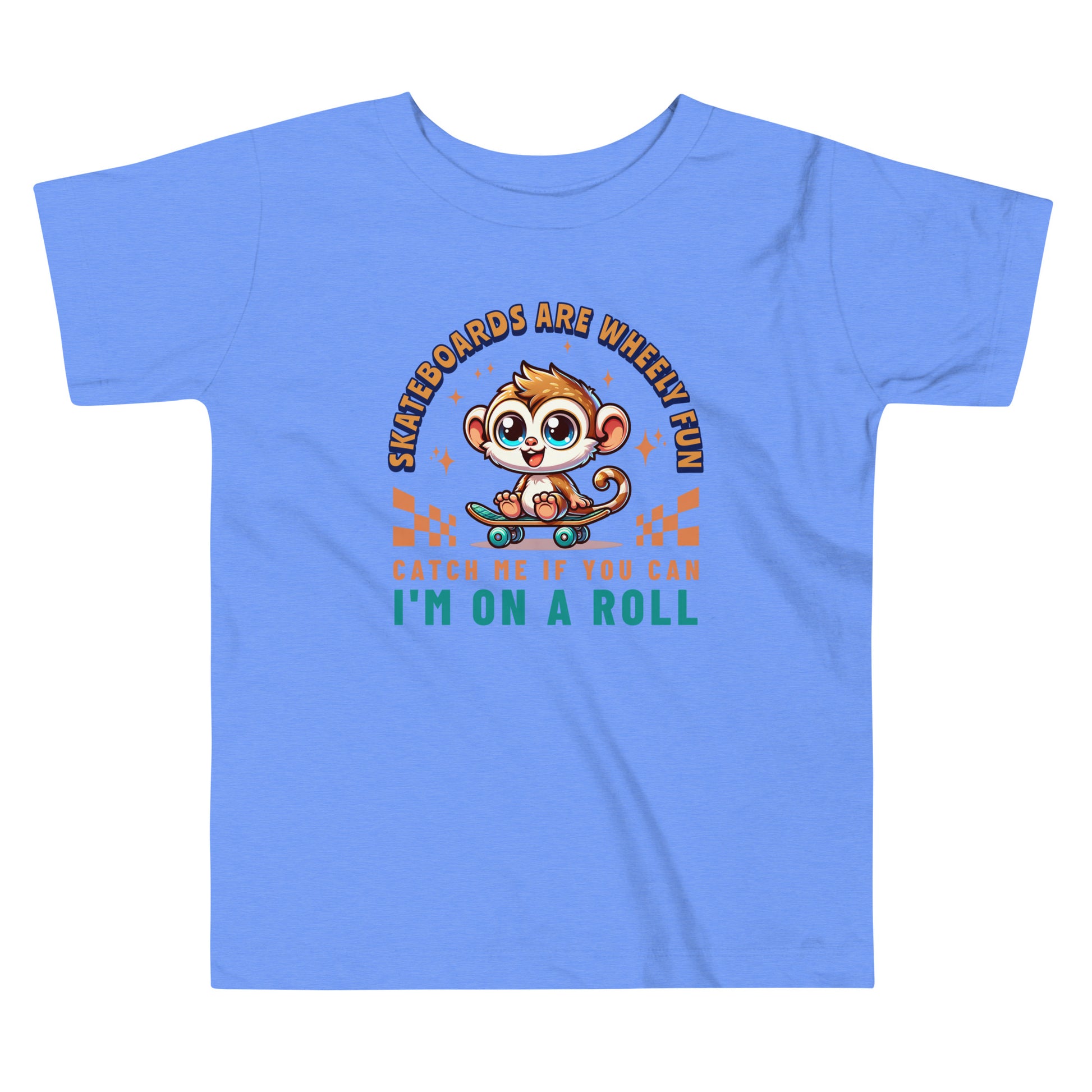 Toddler tee design featuring a cartoon tarsier riding a skateboard with playful text that reads “Skateboards Are Wheely Fun” and “Catch Me If You Can, I'm On a Roll,” celebrating Filipino culture and youthful energy.