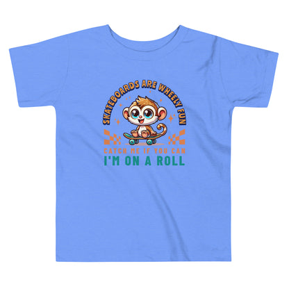 Toddler tee design featuring a cartoon tarsier riding a skateboard with playful text that reads “Skateboards Are Wheely Fun” and “Catch Me If You Can, I'm On a Roll,” celebrating Filipino culture and youthful energy.