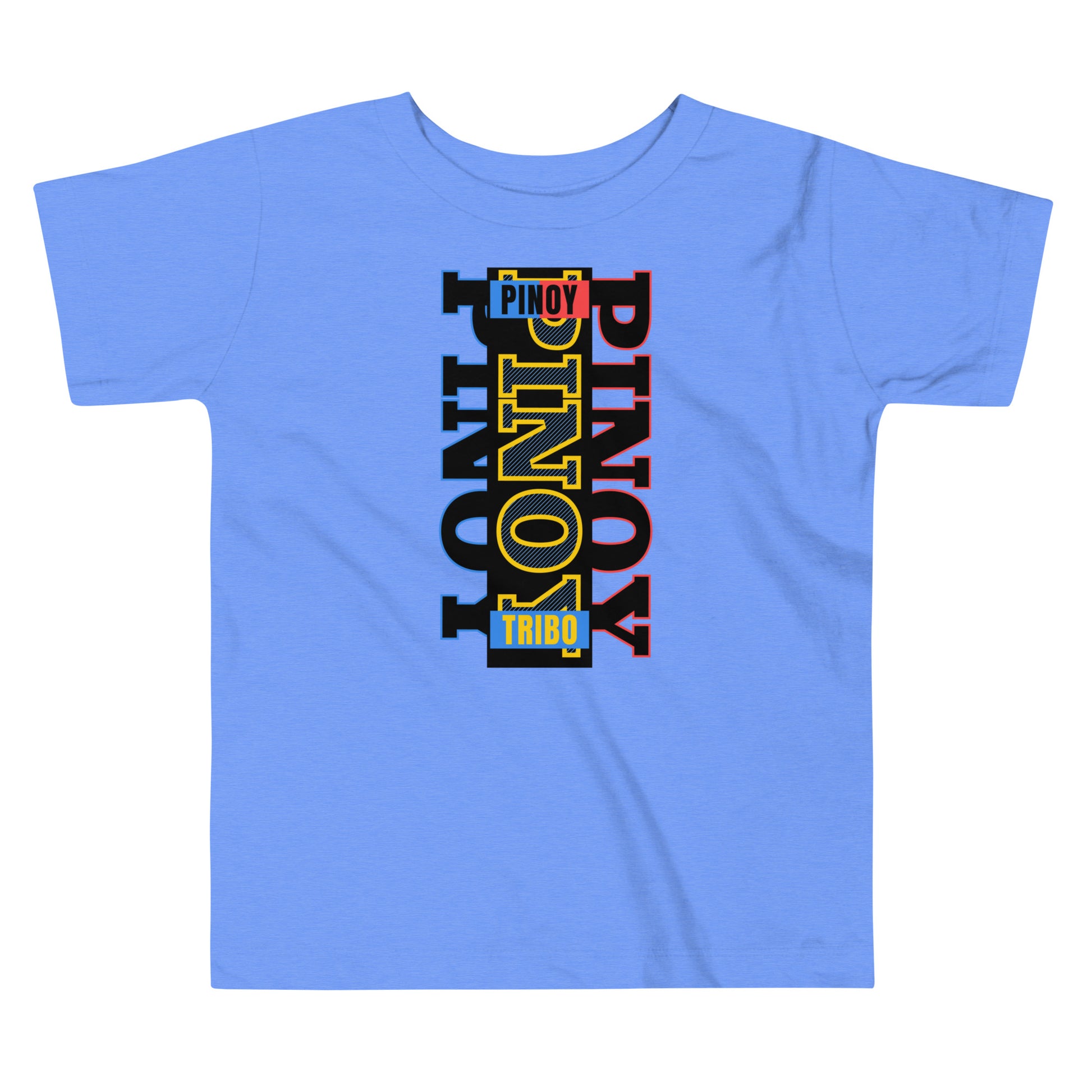 Toddler tee design with bold vertical text spelling “PINOY” in red, yellow, and blue with block-style accents, inspired by the Philippine flag.