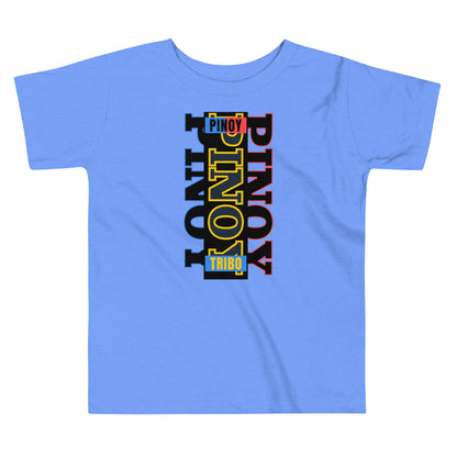 Toddler tee design with bold vertical text spelling “PINOY” in red, yellow, and blue with block-style accents, inspired by the Philippine flag.