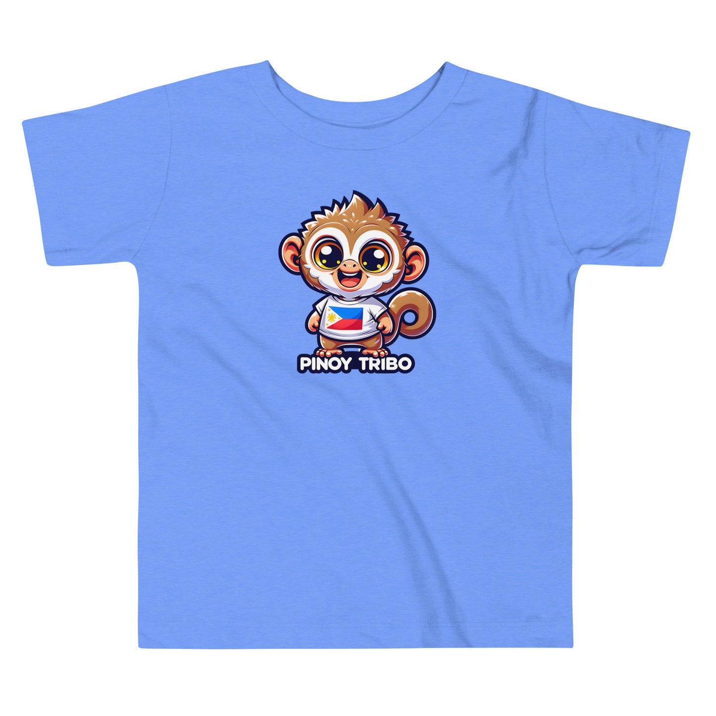 Toddler tee design featuring a cartoon tarsier character wearing a shirt with the Philippine flag and the words “Pinoy Tribo,” symbolizing Filipino pride and culture.