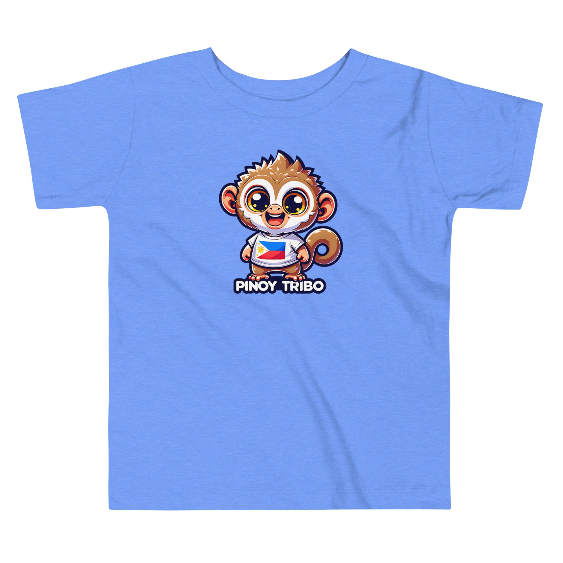 Toddler tee design featuring a cartoon tarsier character wearing a shirt with the Philippine flag and the words “Pinoy Tribo,” symbolizing Filipino pride and culture.
