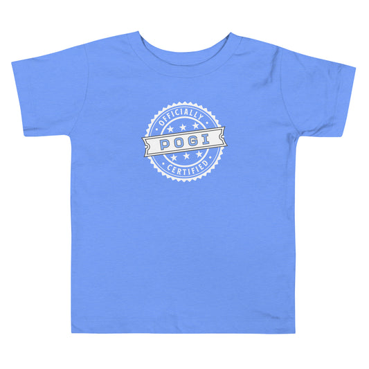 Toddler tee design with a bold badge that reads “Officially Certified Pogi,” styled like an official seal for Filipino kids.