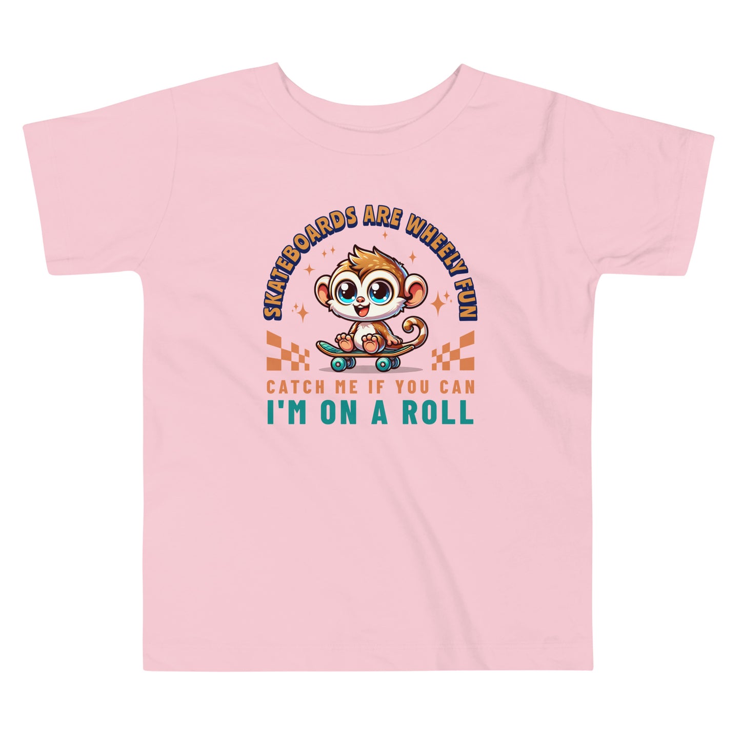 Toddler tee design featuring a cartoon tarsier riding a skateboard with playful text that reads “Skateboards Are Wheely Fun” and “Catch Me If You Can, I'm On a Roll,” celebrating Filipino culture and youthful energy.