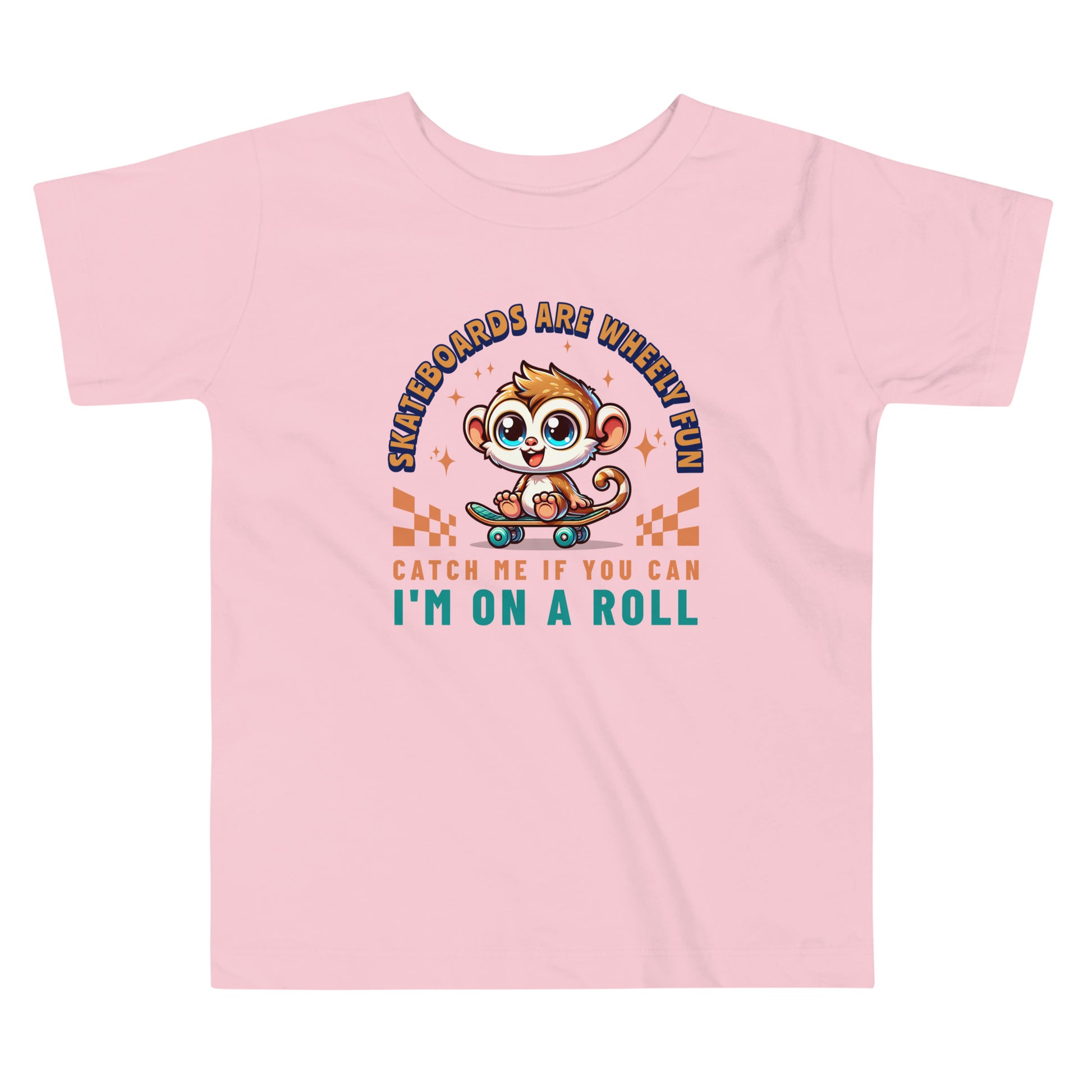 Toddler tee design featuring a cartoon tarsier riding a skateboard with playful text that reads “Skateboards Are Wheely Fun” and “Catch Me If You Can, I'm On a Roll,” celebrating Filipino culture and youthful energy.