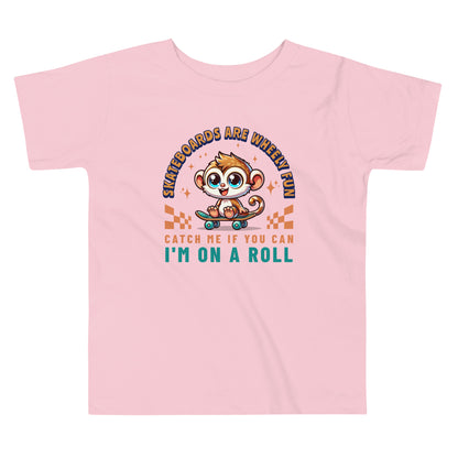 Toddler tee design featuring a cartoon tarsier riding a skateboard with playful text that reads “Skateboards Are Wheely Fun” and “Catch Me If You Can, I'm On a Roll,” celebrating Filipino culture and youthful energy.