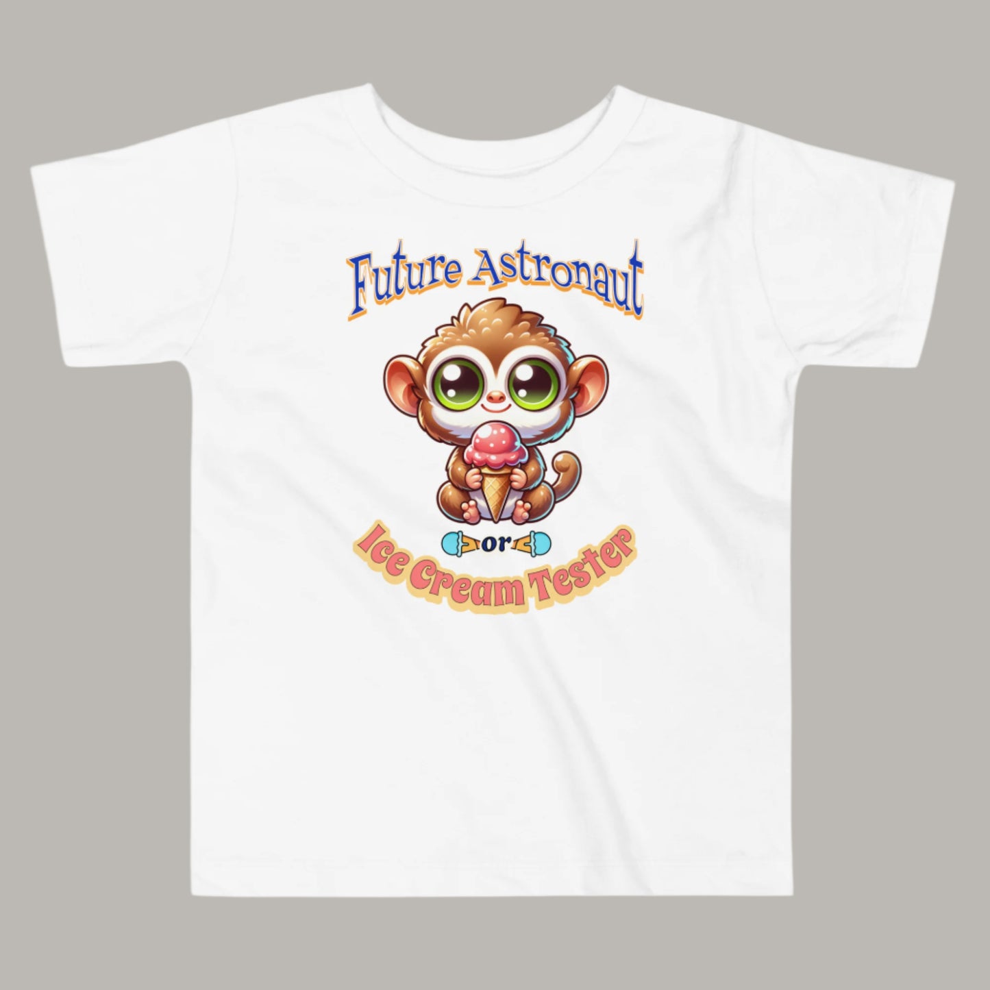 Toddler tee design featuring a cartoon tarsier holding an ice cream cone with playful text that reads “Future Astronaut or Ice Cream Tester,” celebrating Filipino culture and childhood imagination.