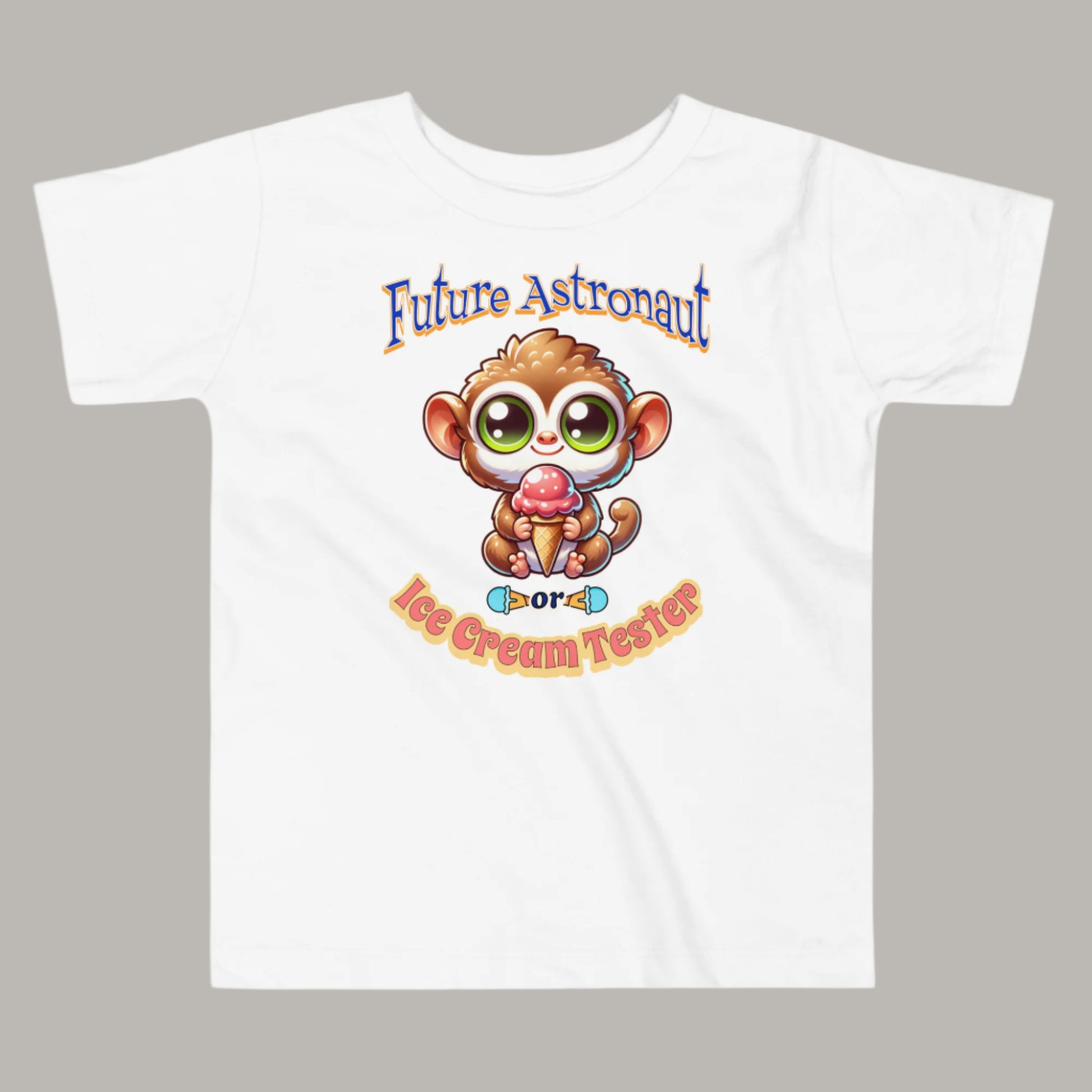 Toddler tee design featuring a cartoon tarsier holding an ice cream cone with playful text that reads “Future Astronaut or Ice Cream Tester,” celebrating Filipino culture and childhood imagination.