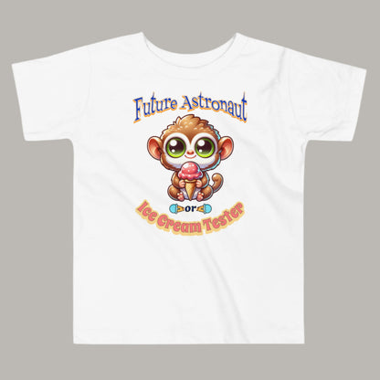 Toddler tee design featuring a cartoon tarsier holding an ice cream cone with playful text that reads “Future Astronaut or Ice Cream Tester,” celebrating Filipino culture and childhood imagination.