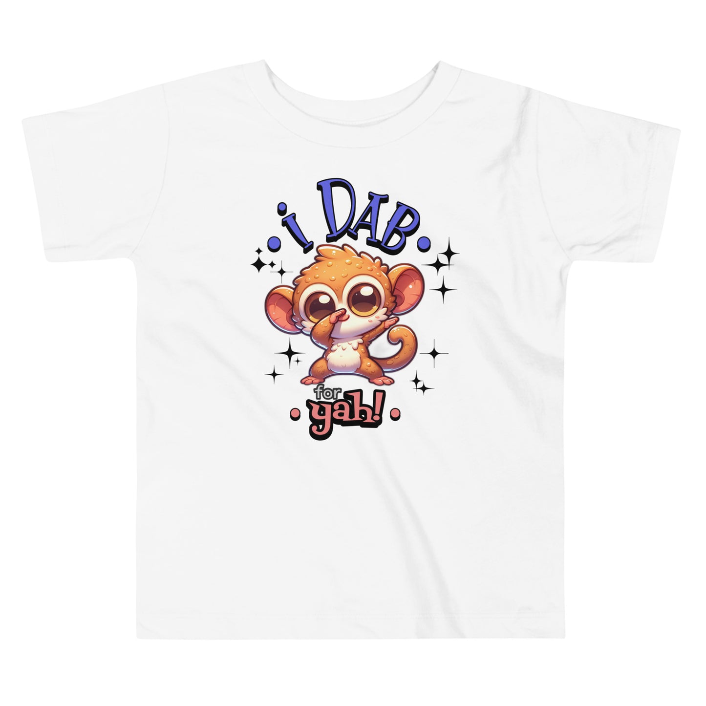 Toddler tee design featuring a cartoon tarsier dabbing with the playful text “I Dab for Yah!” surrounded by sparkles, blending humor and Filipino charm.