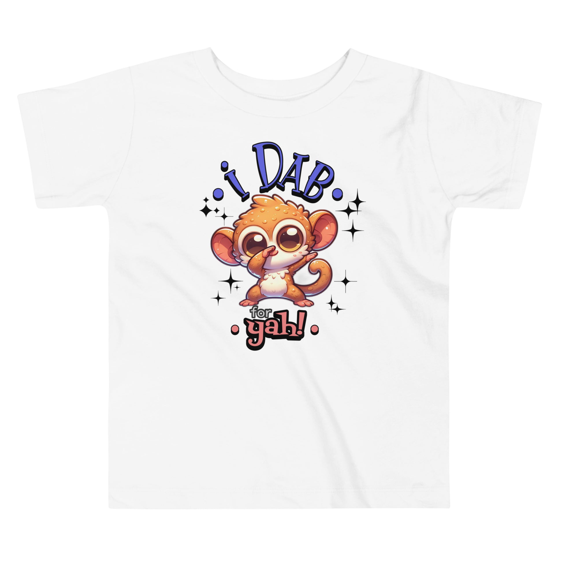 Toddler tee design featuring a cartoon tarsier dabbing with the playful text “I Dab for Yah!” surrounded by sparkles, blending humor and Filipino charm.