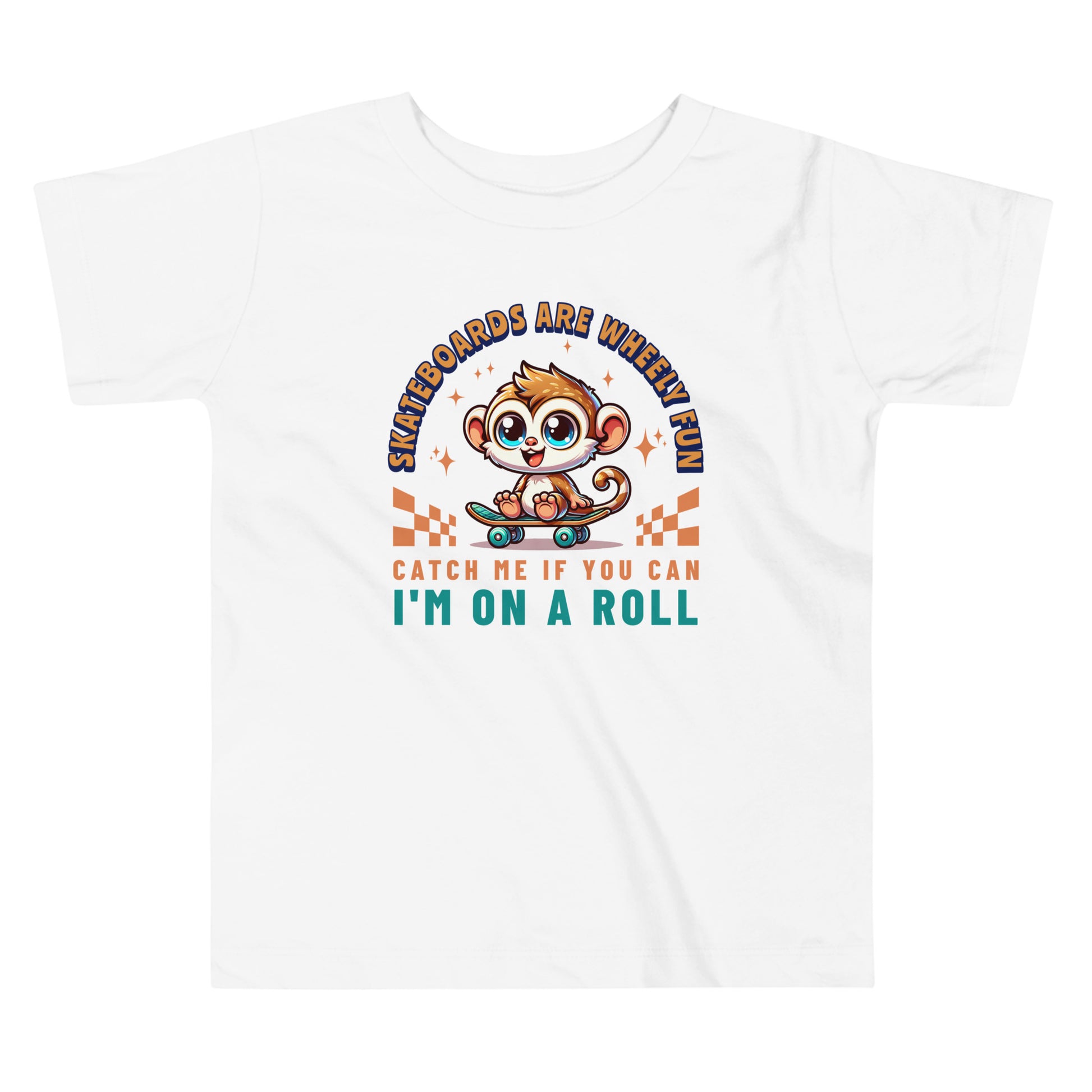 Toddler tee design featuring a cartoon tarsier riding a skateboard with playful text that reads “Skateboards Are Wheely Fun” and “Catch Me If You Can, I'm On a Roll,” celebrating Filipino culture and youthful energy.