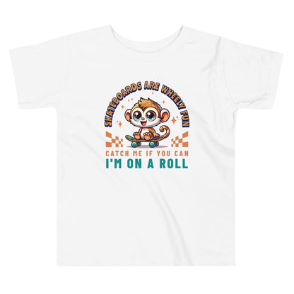 Toddler tee design featuring a cartoon tarsier riding a skateboard with playful text that reads “Skateboards Are Wheely Fun” and “Catch Me If You Can, I'm On a Roll,” celebrating Filipino culture and youthful energy.