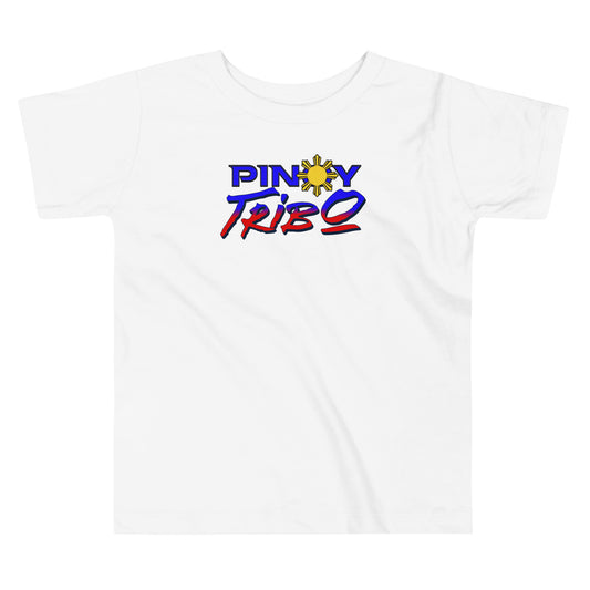 T-shirt featuring the PINOY TRIBO™ tri-color logo with bold blue and red script and a sun icon representing the Philippine flag.