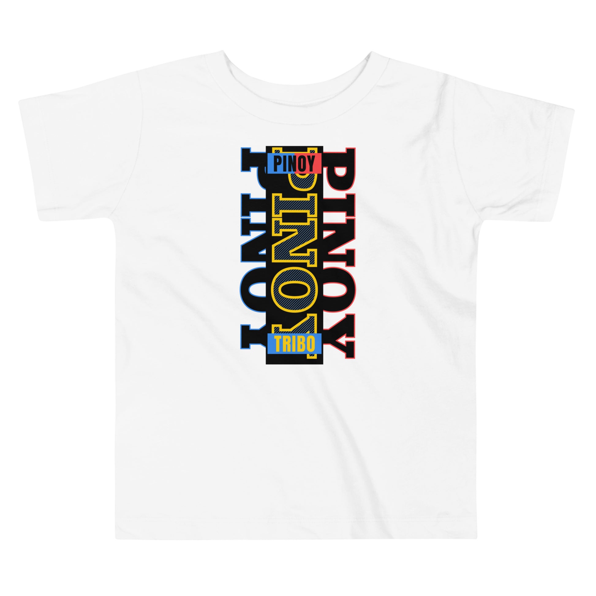 Toddler tee design with bold vertical text spelling “PINOY” in red, yellow, and blue with block-style accents, inspired by the Philippine flag.