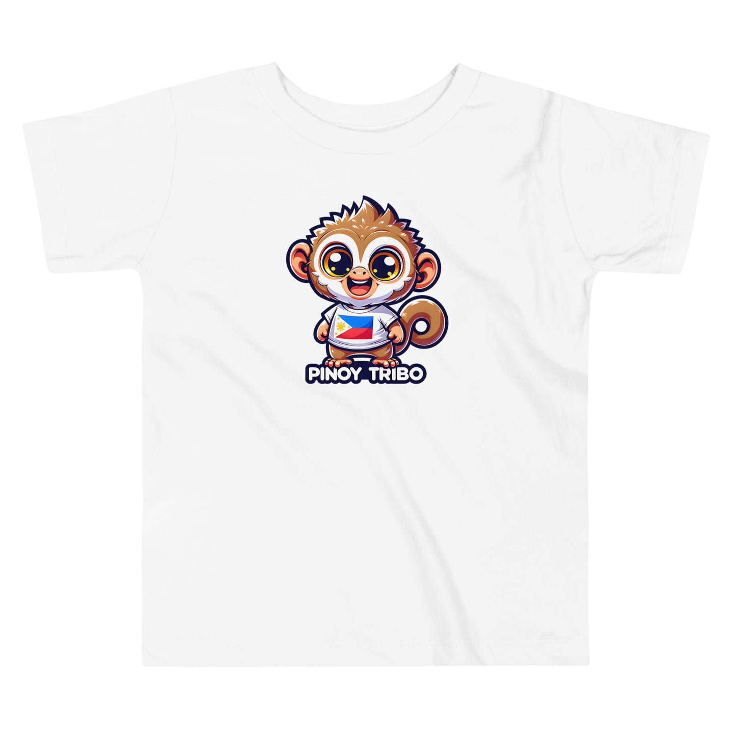 Toddler tee design featuring a cartoon tarsier character wearing a shirt with the Philippine flag and the words “Pinoy Tribo,” symbolizing Filipino pride and culture.
