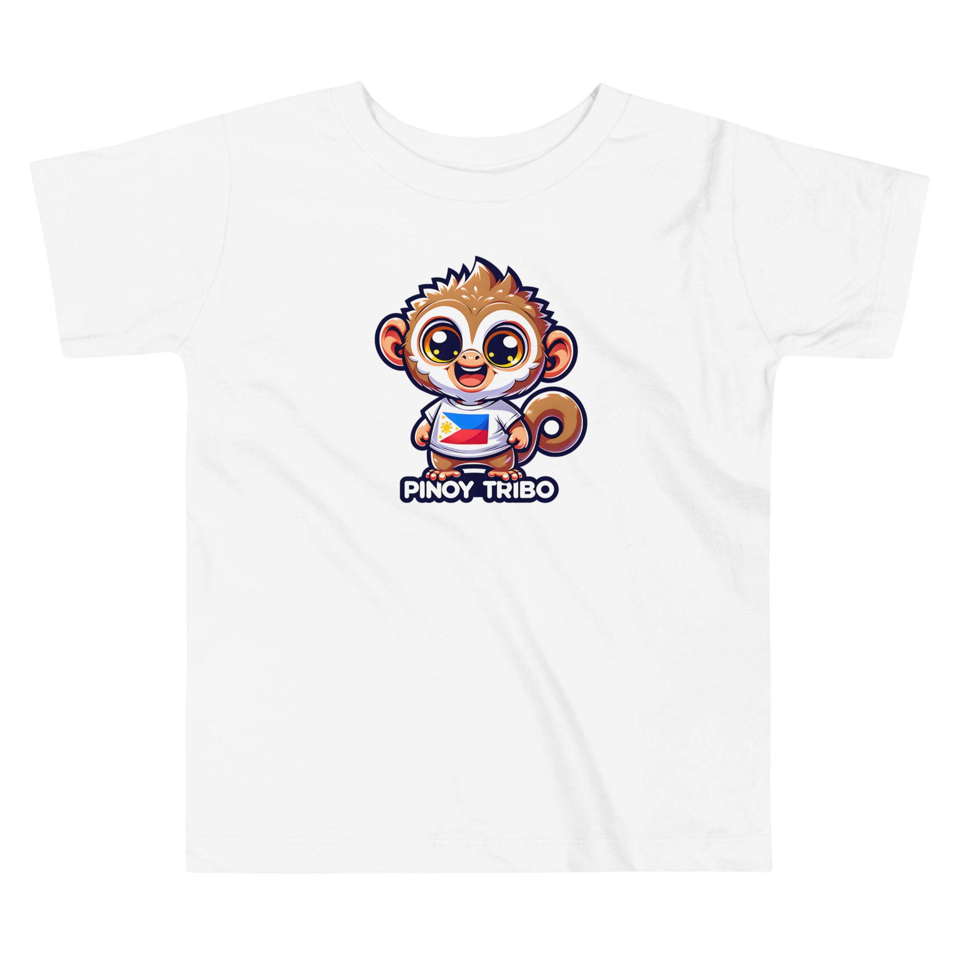 Toddler tee design featuring a cartoon tarsier character wearing a shirt with the Philippine flag and the words “Pinoy Tribo,” symbolizing Filipino pride and culture.