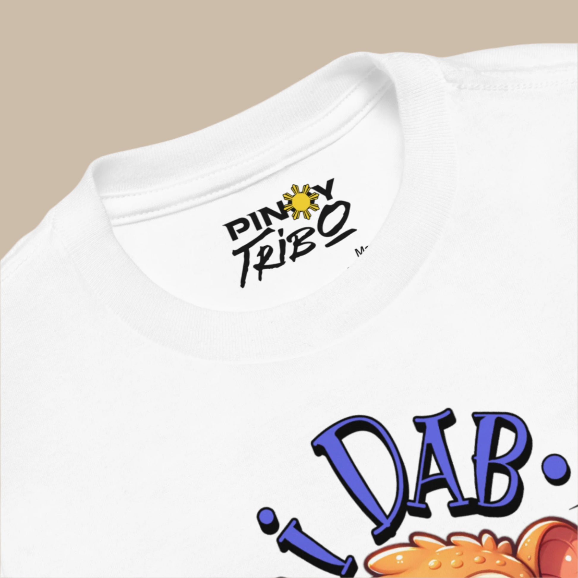 Toddler tee design featuring a cartoon tarsier dabbing with the playful text “I Dab for Yah!” surrounded by sparkles, blending humor and Filipino charm.