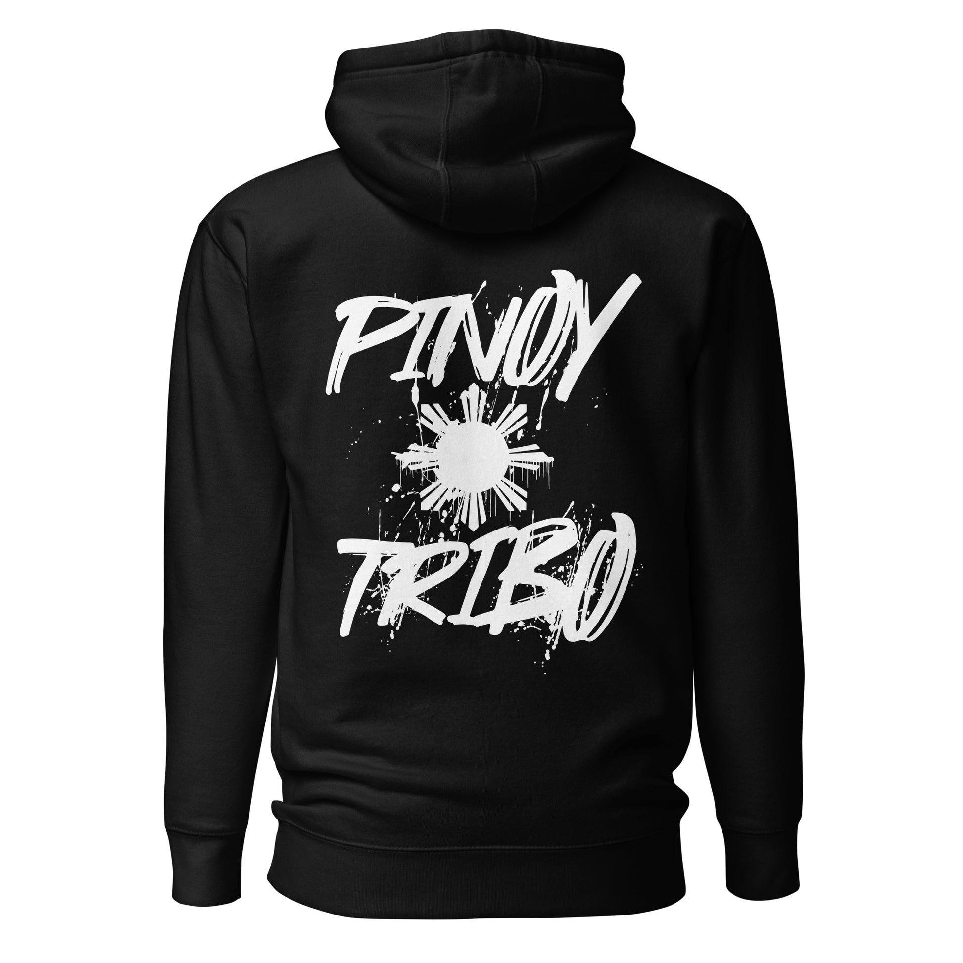 Pullover hoodie with clean “Pinoy Tribo” sun logo on left chest and large graffiti-style Filipino sun design on the back