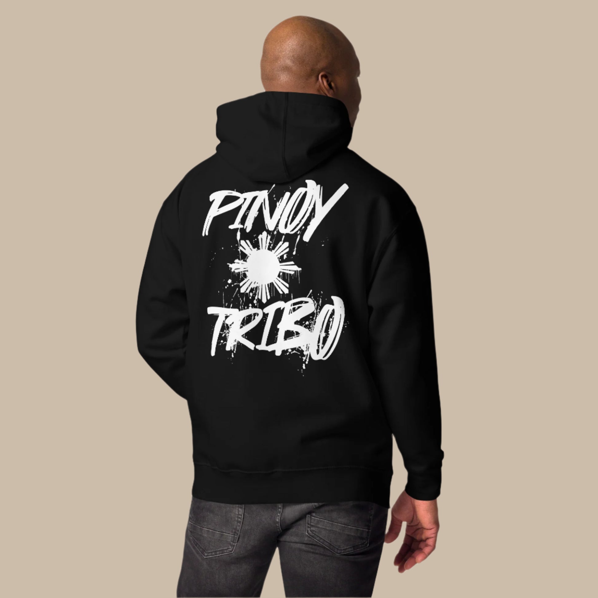 Pullover hoodie with clean “Pinoy Tribo” sun logo on left chest and large graffiti-style Filipino sun design on the back