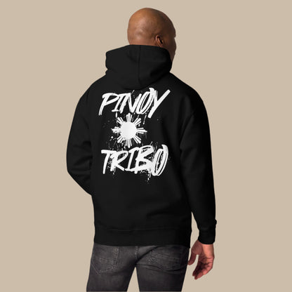 Pullover hoodie with clean “Pinoy Tribo” sun logo on left chest and large graffiti-style Filipino sun design on the back