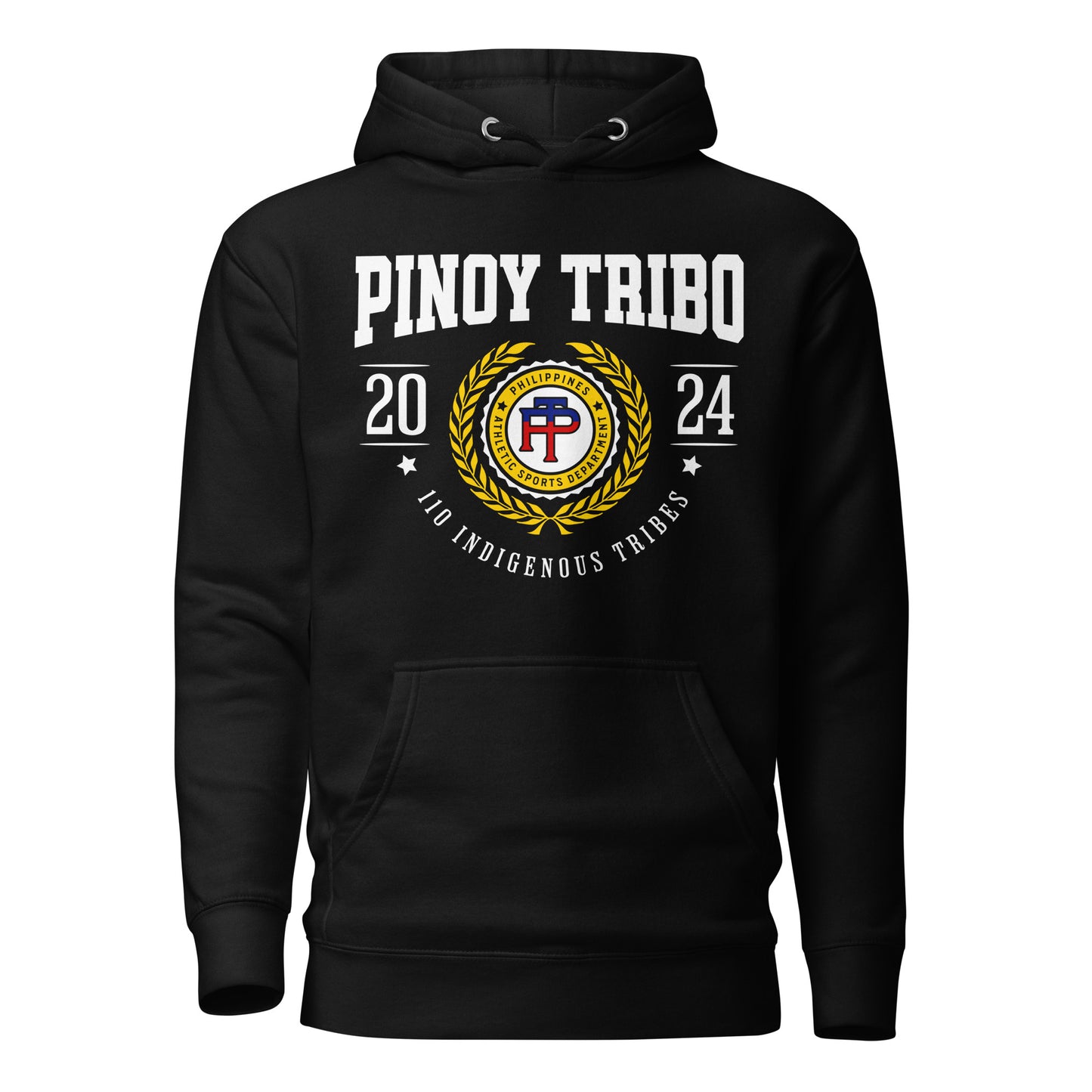 Pullover hoodie with bold "PINOY TRIBO 2024" design and Filipino tribal seal emblem honoring 110 indigenous tribes