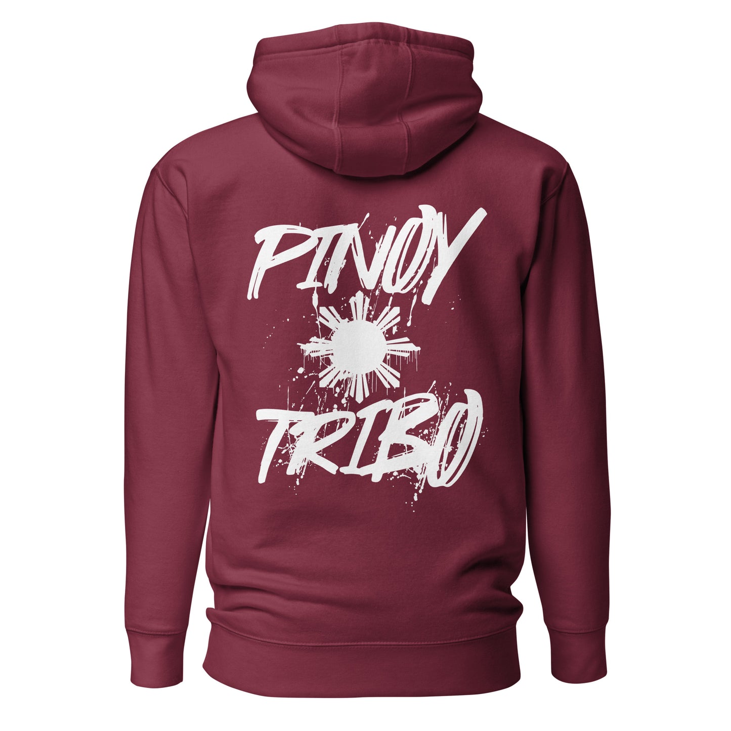 Pullover hoodie with clean “Pinoy Tribo” sun logo on left chest and large graffiti-style Filipino sun design on the back