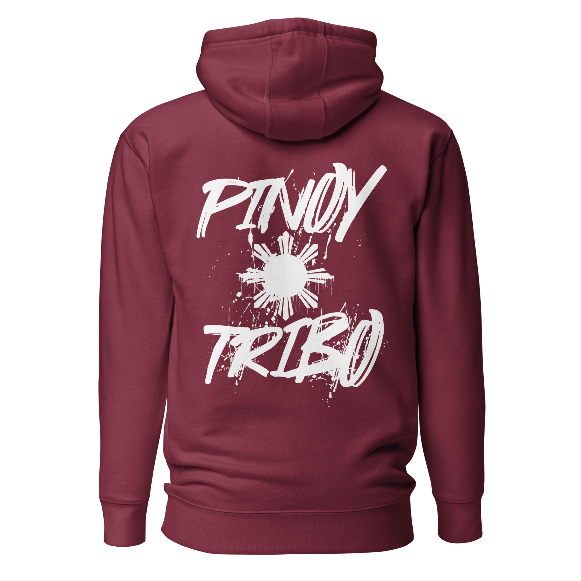 Pullover hoodie with clean “Pinoy Tribo” sun logo on left chest and large graffiti-style Filipino sun design on the back