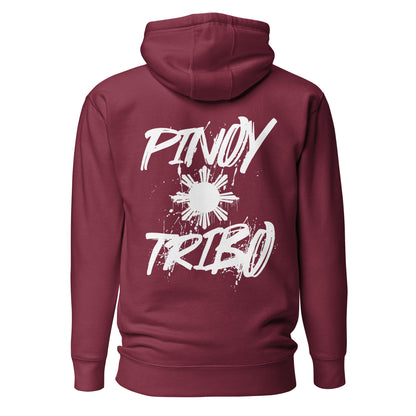 Pullover hoodie with clean “Pinoy Tribo” sun logo on left chest and large graffiti-style Filipino sun design on the back