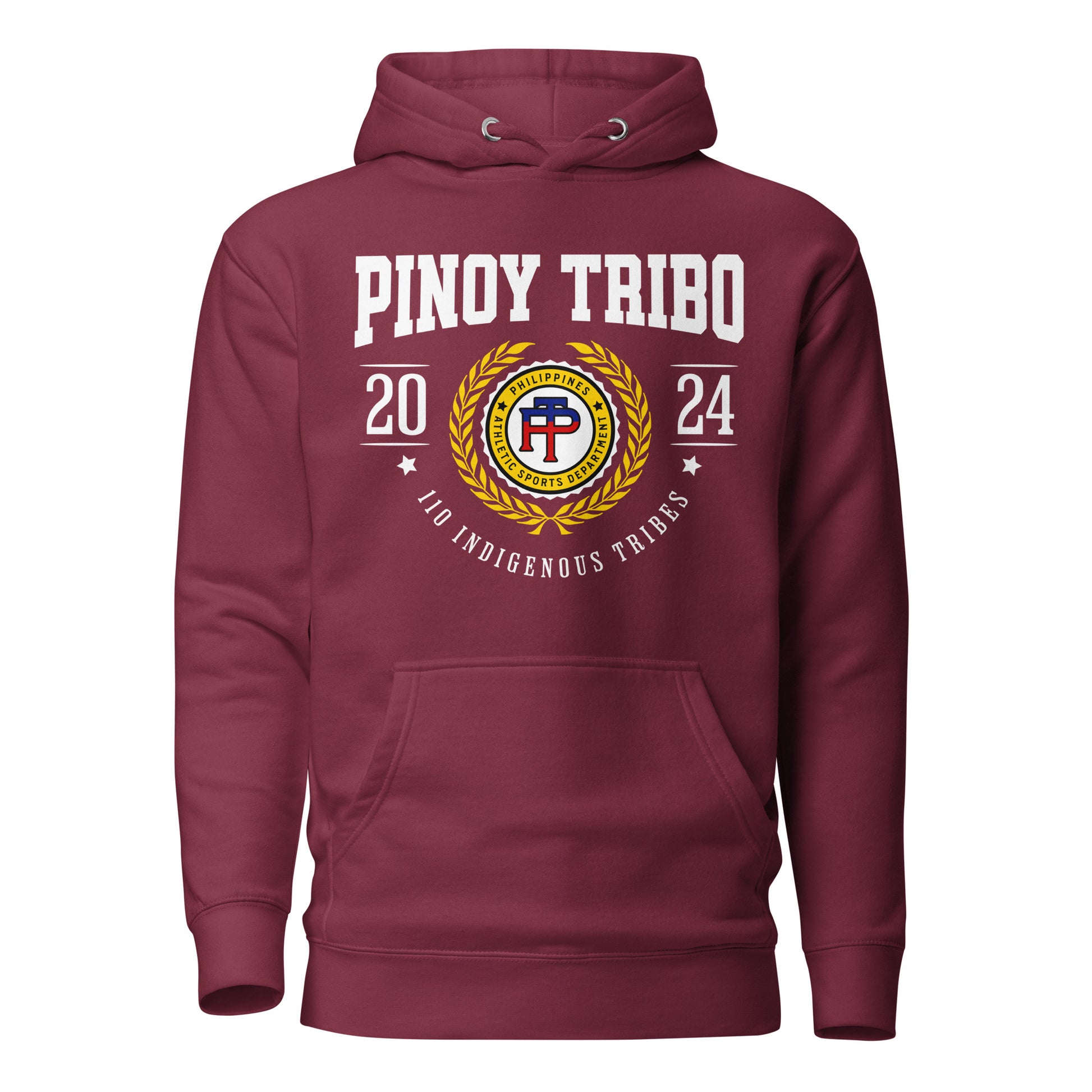 Pullover hoodie with bold "PINOY TRIBO 2024" design and Filipino tribal seal emblem honoring 110 indigenous tribes
