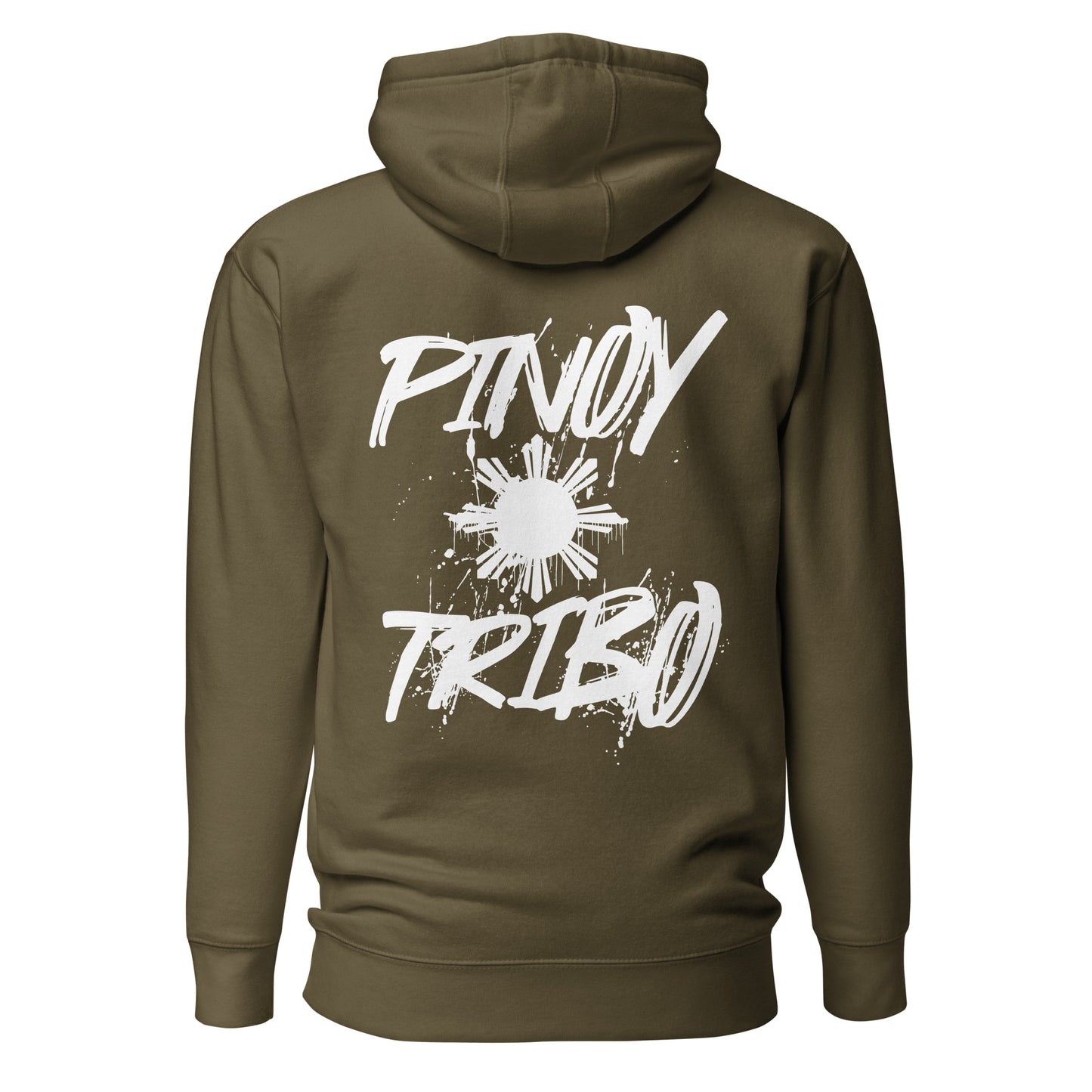 Pullover hoodie with clean “Pinoy Tribo” sun logo on left chest and large graffiti-style Filipino sun design on the back
