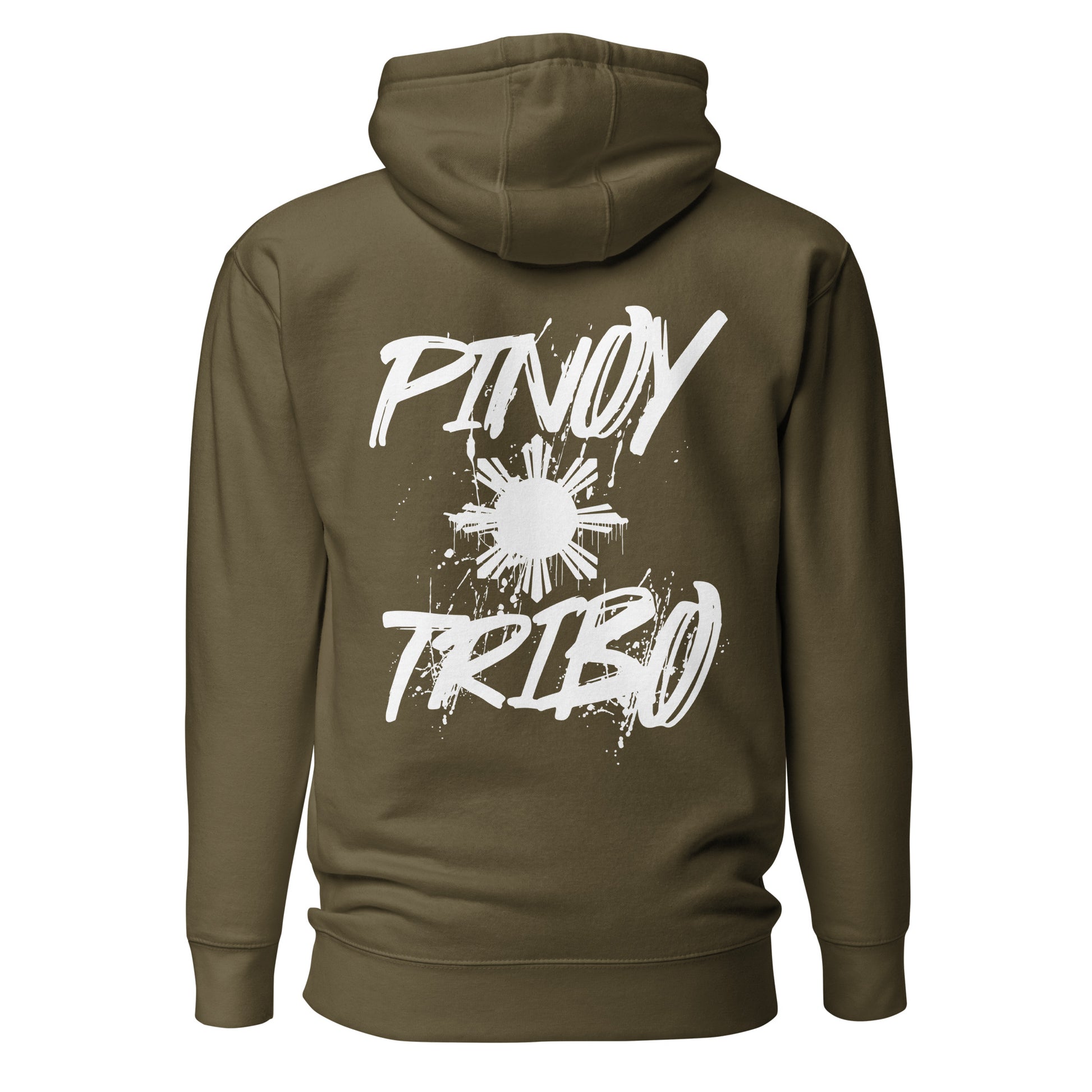 Pullover hoodie with clean “Pinoy Tribo” sun logo on left chest and large graffiti-style Filipino sun design on the back