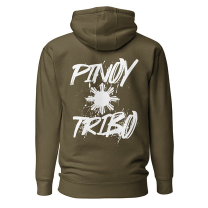 Pullover hoodie with clean “Pinoy Tribo” sun logo on left chest and large graffiti-style Filipino sun design on the back