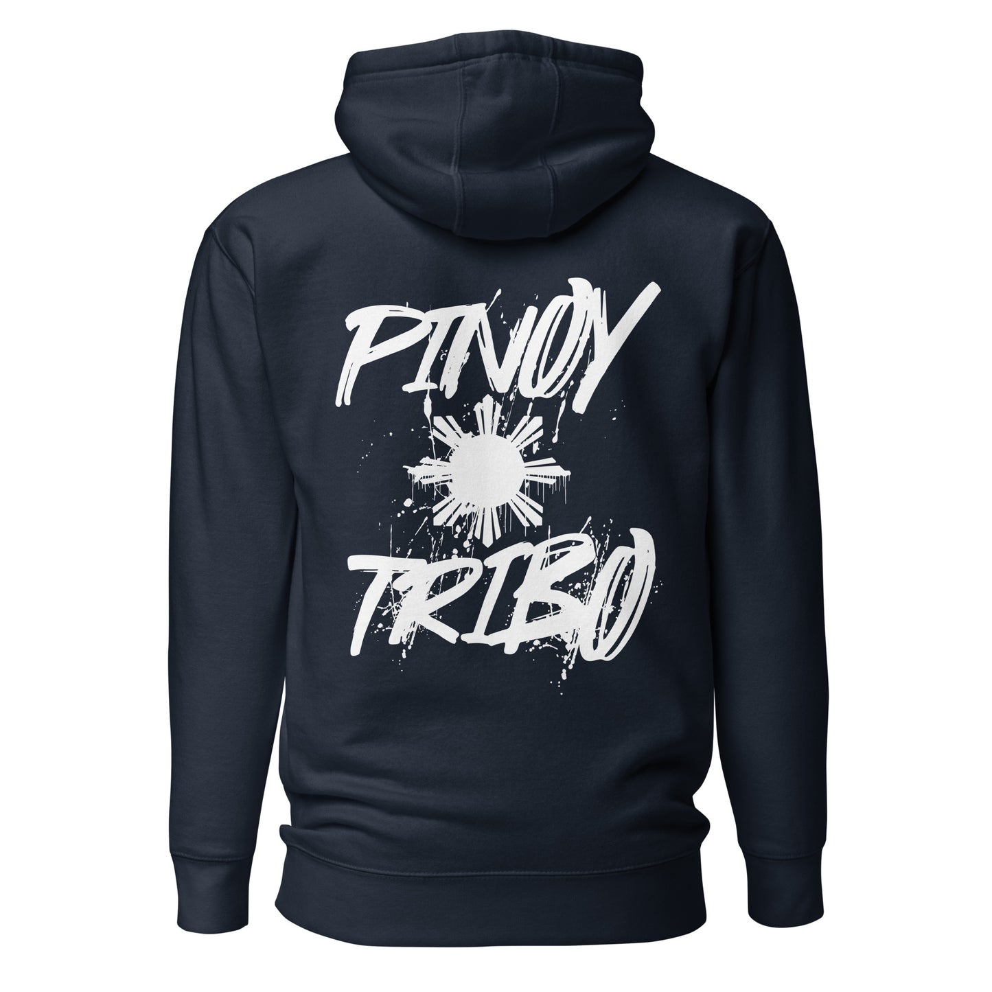 Pullover hoodie with clean “Pinoy Tribo” sun logo on left chest and large graffiti-style Filipino sun design on the back