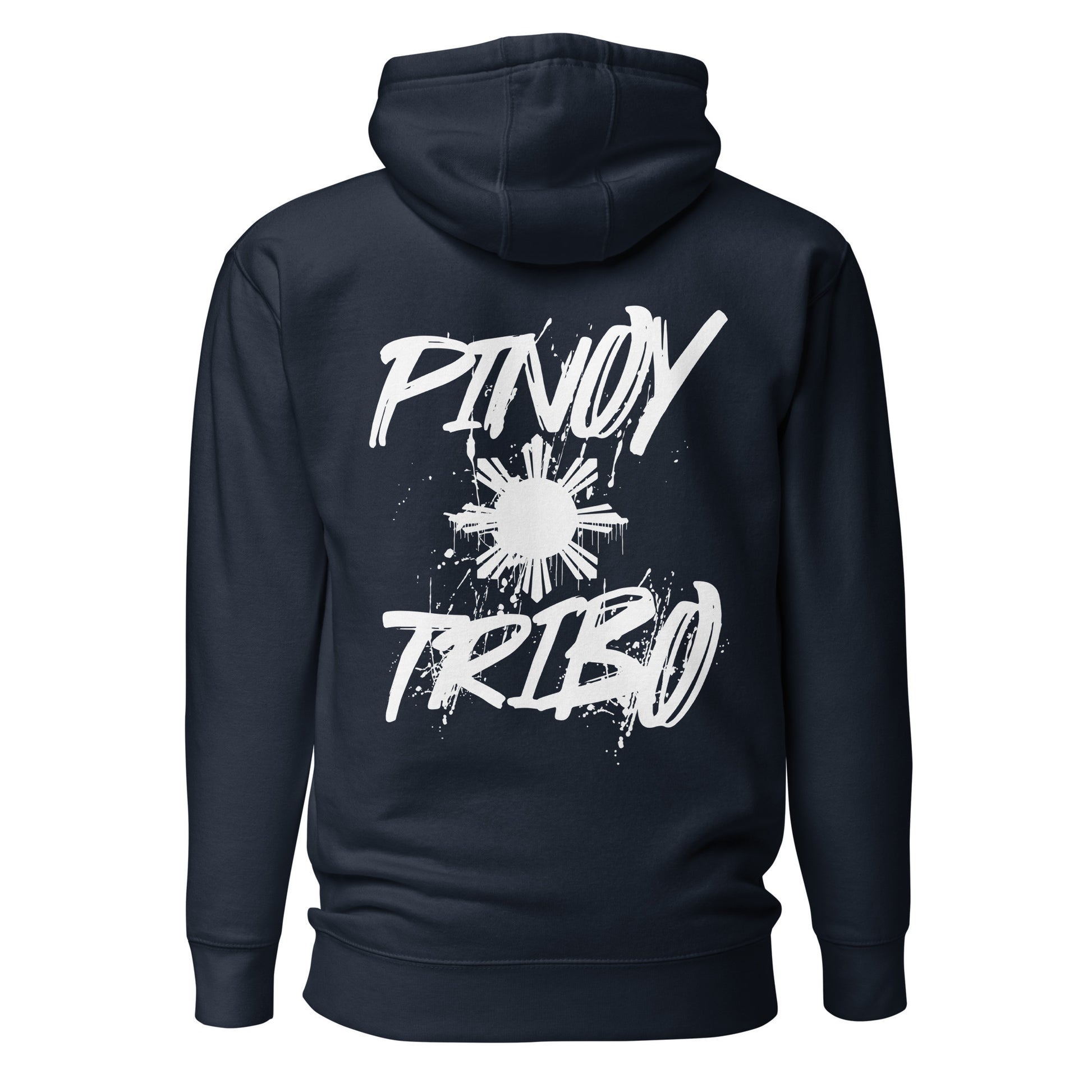 Pullover hoodie with clean “Pinoy Tribo” sun logo on left chest and large graffiti-style Filipino sun design on the back