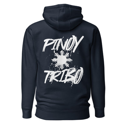 Pullover hoodie with clean “Pinoy Tribo” sun logo on left chest and large graffiti-style Filipino sun design on the back