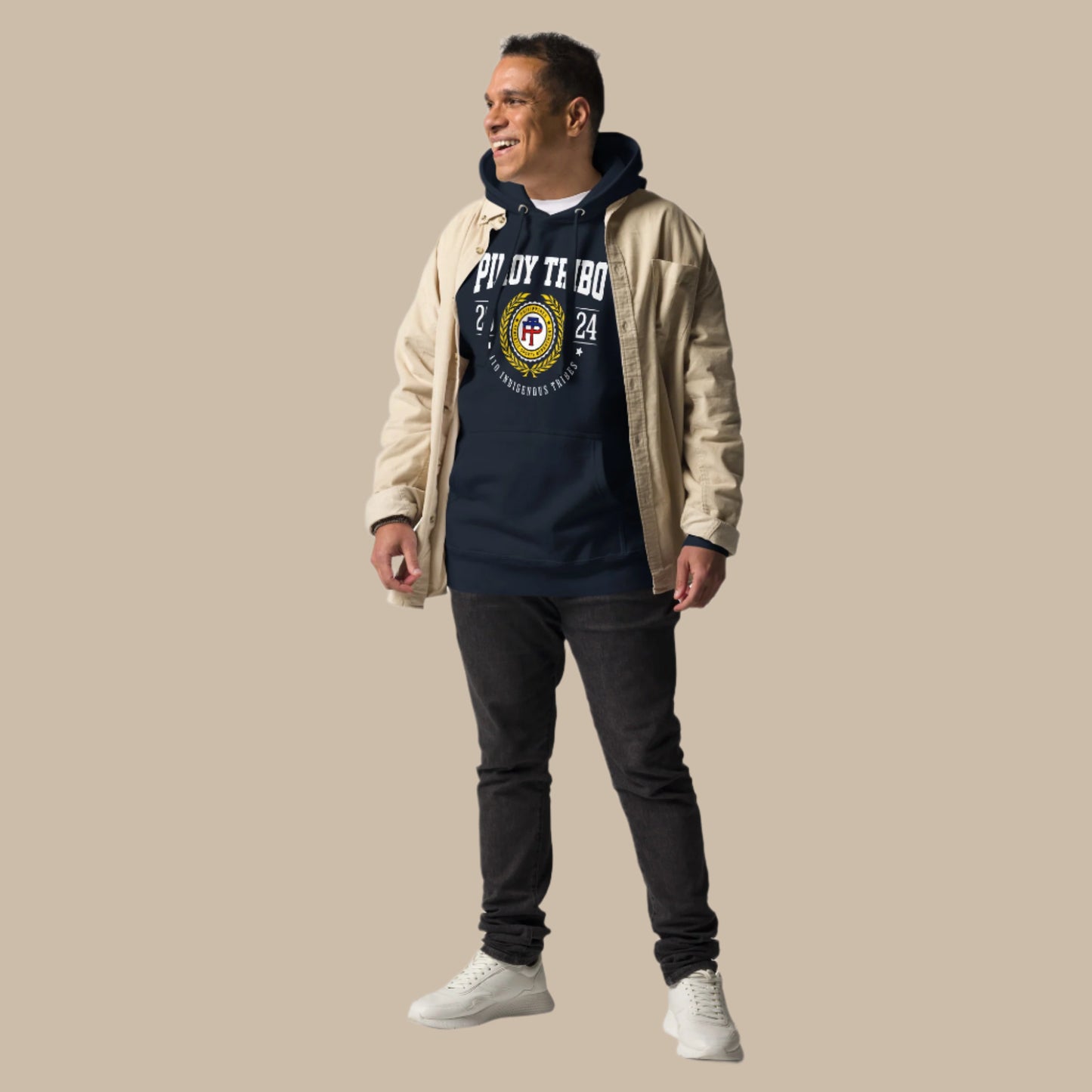 Pullover hoodie with bold "PINOY TRIBO 2024" design and Filipino tribal seal emblem honoring 110 indigenous tribes