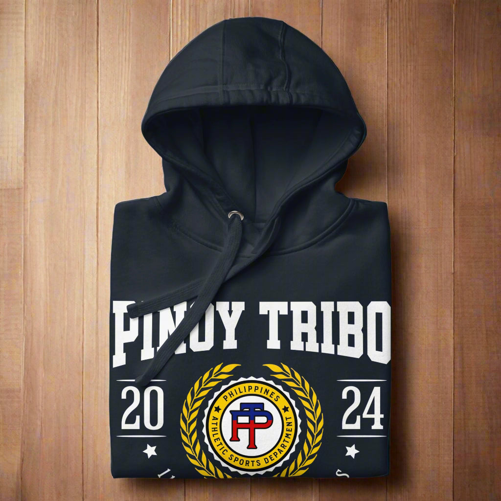 Pullover hoodie with bold "PINOY TRIBO 2024" design and Filipino tribal seal emblem honoring 110 indigenous tribes